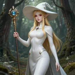 full body portrait beautiful elf sorceress, skintight robes, hat, tunic, detailed face, golden hair, big red eyes, white skin, forest, scepter, high fantasy, extemely detailed, dnd, smooth, sharp focus, digital illustration, by artgerm, sakimichan, rossdraws