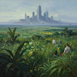 vast landscape, lush plants in the foreground. distant cyberpunk metropolis, atmospheric, hyper real painting by chiara bautista karl kopinski kim jung giu and weta studio, and lucasfilm and jesper ejsing and norman rockwell greg rutkowski frank frazzeta