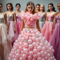 fancy wedding chic dress made of different shades of pink bubbles. silver and green threads jump out of the dress in zigzag patterns. a selection of different beautiful models with very clear details. hyperrealistic photo.