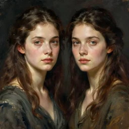 frontal portrait of female adult twins in the apocalypse, by john singer sargent.