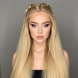 longer blonde hair with braids, lop eared, eye shadow