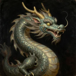 a portrait painting of a chinese dragon. pulp sci - fi art for omni magazine. high contrast. dark background. whimsical fantasy art. baroque period, oil on canvas. renaissance masterpiece. muted colors, soft gradients. trending on artstation.