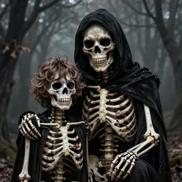 portrait of grim reaper skeleton with his son, 8k, highly detailed, photography
