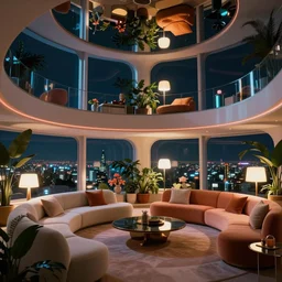 concept art, retro - futurist penthouse, reflections, night lighting, designer furniture, high ceiling, 6 0 s colour palette, plants, flowers, floor lamps, multi - level, soft lighting, city view, bladerunner, james jean, syd mead, akihiko yoshida, cinematic