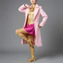 a person wearing a light pink tail coat, a golden shirt, golden tights and a magenta skirt, doing a superhero pose