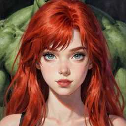 portrait red haired anime girl as the incredible hulk, detailed drawing, big eyes, symmetrical face, female, wayne barlow, max pennington