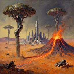 oil sci fi painting of cyborg trees and ant city on planet mars, sci, lava in volcano, - fi natural rendering, trending on artstation, by, michael whealan and james gurney