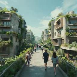 a cinematic wideangle shot of people walking through a utopian city walkway on top of buildings, green plants, blue sky