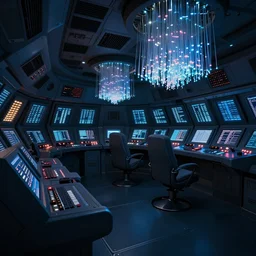 interior of starship control room, glowing LEDs, glowing nixie tubes, glowing fiber optics, style of Christopher Balaskas