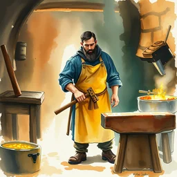 small centered on watercolor paper, paint brush strokes, abstract watercolor painting of dirty medieval blacksmith with apron and hammer, anvil, kiln, cinematic light, national romanticism by hans dahl, by jesper ejsing, by anders zorn, by greg rutkowski, by greg manchess, by tyler edlin