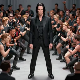 highly detailed full body portrait nick cave as sandman from dc comics fighting a large crowd, the crow, sin city movie, unreal engine, global ilumination, radial light, sharp focus, vivid color scheme, gothic fantasy art by cristian sauret, greg rutkowski, lee bermejo, carlos huante, artgerm, makoto shinkai and clay mann