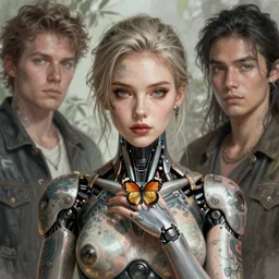 concept art by artgerm, attractive and tattooed female cyborg with a butterfly perched on her hand, soft natural light, intricate, highly detailed, digital painting, artstation, concept art, smooth, sharp focus, illustration, art by greg rutkowski and luis rollo and uang guangjian and gil elvgren, symmetry!