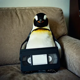 a penguin in couch, vhs tape, creepy, cinestill 800T film