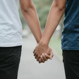 Photograph of two male teenagers in love, holding hand, sigma 85mm