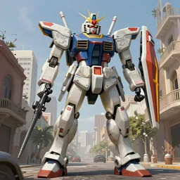 painted image of gundam giant robot, four arms, standing in the middle of the cancun street, upper body, fantasy intricate elegant extremely detailed digital painting trending artstation concept art sharp focus illustration art by gustave courbet greg rutkowski craig mullins