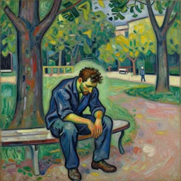 man feeling sad in a park picasso style
