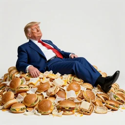 donald trump reclining on a mound of cheeseburger wrappers, highly detailed, sharp focus, matte painting, by isaac levitan and asher brown durand,