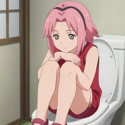 Sakura Haruno sitting on the toilet, legs crossed, bored face expression, close up.