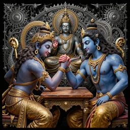 digital concept art, Vishnu and Shiva, arm wrestling on a wooden table, Brahma in the middle background,hindu mythology; epic,masterpiece,ultra exquisite detail, incredible intricate golden and metallic blue gothic illustration on black paper, by Hokusai and James Gurney,full of silver layers,mandelbulb fractal,artstation,unreal engine,8k