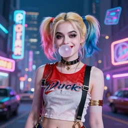 beautiful harley quinn standing, smiling softly, blowing bubblegum, cyberpunk setting, beautiful cityscape background, neon signs, vibrant colors, holograms, 4k, 40mm camera, artstation trending, digital art