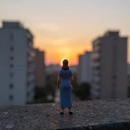 small figure of spanish woman on background of sunset in plattenbau city