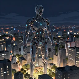 A largefuturistic megastructure in the shape of a human in the middle of a city center, night time, extra detailed, digital illustration, by Makoto Shinkai and thomas kinkade, digital painting, Matte painting, trending on artstation and unreal engine