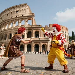 ancient romans watching ronald mcdonald and hamburgler fighting in the colloseun highly detailed. hyper realistic. by michael garmash james gurney. bussiere.