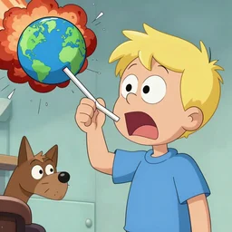 the dumbest boy in history, blond boy, 2 0 0 0 s cartoon, sharp edges cartoon, goofy cartoon, toothpick destroys the world, toothpick, atomic explosion, long - suffering friends try to end the boy