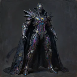 dark cyborg armour cloak!! made of intricate complex circuitry and microchips, iridescent, warrior assassin!!, black full body, colorful, intricate linework, gothic baroque, intimidating athletic stance, magical, realistic oil painting, rutkowski, wlop, chebokha, artgerm