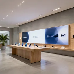 ( 2 0 5 0 s flagship retail interior. experience. telco digital screens phones. wood, polished concrete, neon, ceiling spots. plants. samsung microsoft apple nike adidas tesla muted colors. ) by hugh ferriss!!!!!!!!!!!!!!
