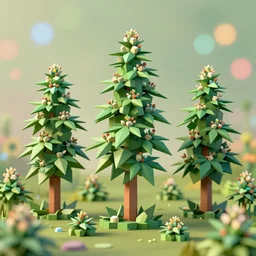 3 d render low poly art, cannabis trees and flowers, field of stoner dreams, unreal engine, dreamy, bokeh