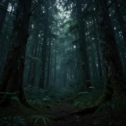 dark forest, photorealistic, cinematic, ambient, 8k detail, ominous, wide angle lens