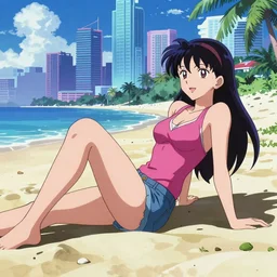 Misato Katsuragi lounging on a beach in a synthwave city