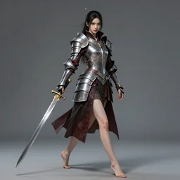 full body portrait of a barefoot vampire swordswoman wearing heavy plate armor by guweiz, real human feet, barefoot, two - handed sword, lithe, athletic, enchanting, dancer, detailed, anatomically accurate, reasonable fantasy, in the style of guweiz, z. w. gu on artstation, 4 k.