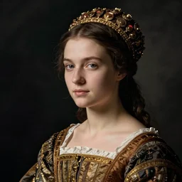 portrait of young woman in renaissance dress and renaissance headdress, art by eugene atget