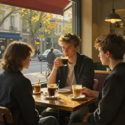 young people having coffee at a coffee shop by a boulevard in the afternoon, golden hour, edward hopper painting, bo bartlett painting