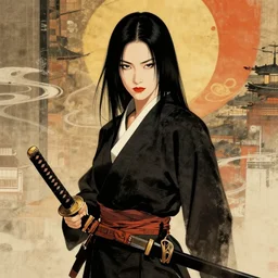 uma thurman ( kill bill ) portrait, katana, japanese art