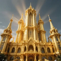 golden victorian age megastructure, massive golden palace, beautiful architecture, low vantage point, cinematic photography, light rays, complex structure, incomprehensible scale