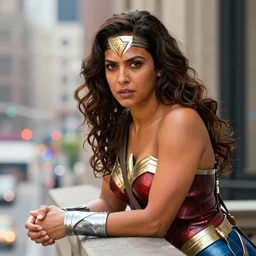 movie still of Priyanka Chopra as Wonder Woman on the ledge of a building in NYC, close up, upshot, depth of field, bokeh, realistic portrait, 8k resolution, hyper detailed, studio lighting, cinematic