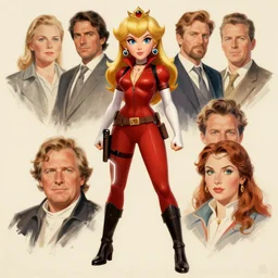 portrait of princess peach as black widow, limited neutral palette, beautiful graphics, full body portrait, propaganda poster art, 1 9 7 0 s illustrated advertising art by petros afshar, anton fadeev, dean ellis, painterly character design