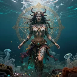 a centered full body photo of alluring mystical goddess festival hippies with tribal paintings surrounded by a underwater ink pour and flowing liquid galium and sacred geometry, perfect face, powerful, cinematic, beautifully lit, by artgerm, by karol bak, by viktoria gavrilenko, 3 d, trending on artstation, octane render, 8 k