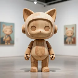 8 k octan advertising highly detailed photo, a totally wooden sculpture collectible art toys on feet, very cute minimalist cyborg zen with cat ears, cyberpunk a contemporary art gallery sharp focus, masterpiece nofinito generative design structure