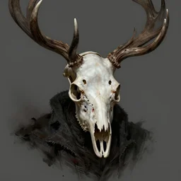 the portrait of demon with a deer skull head, dark, mysterious, detailed character render, bloodborne