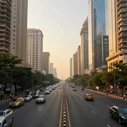 mumbai in the future, city streets, golden hour, perspective artwork, photorealism