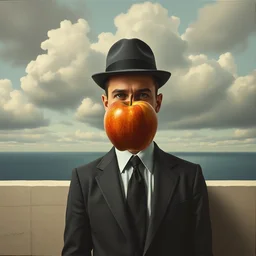 a surreal painting of the front on view of a man in a business suit and bowler hat standing in front of a short wall, an apple is floating directly in front of his face, grey clouds and calm ocean are behind him