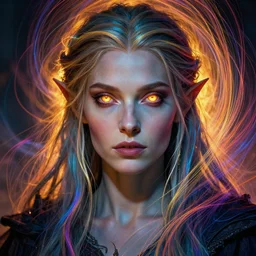 full face epic portrait, elvish sorceress with glowing eyes, elden ring, matte painting concept art, midjourney, beautifully backlit, swirly vibrant color lines, majestic, cinematic aesthetic, smooth, intricate, 8 k, by ilya kuvshinov, artgerm, darius zawadzki and zdizslaw beksinski