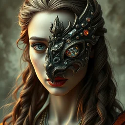 woman portrait, face, foreground, singular, volumetric, wearing a carved half mask with mineral incrustations, godness like vishnu, ethereal, evil, elements, baroque, rococo, ink, tarot card enviromet, cinematics lights, detailed, intricate illustration, octane render, fractal, fine art by marc simonetti & peter mohrbacher