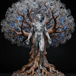 a human man statue stuck in a cosmic tree, a sense of awe, amazement, monogon, plasma display, wooden, silver, mercury, damascus, armature wire, multiscopy, morph, in a symbolic and meaningful style, insanely detailed and intricate, hypermaximalist, elegant, ornate, hyper realistic, super detailed,
