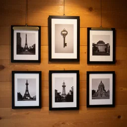pictures hanging on a wooden wall. hard key light.