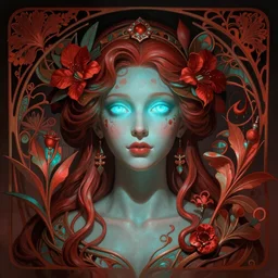 your mom as darna, wax figure, glowing eyes, volumetric lights, red and cyan theme, art nouveau botanicals, intricate, highly detailed, digital painting, artstation, concept art, smooth, sharp focus, cinematic, illustration, beautiful face, art by artgerm and greg rutkowski and alphonse mucha